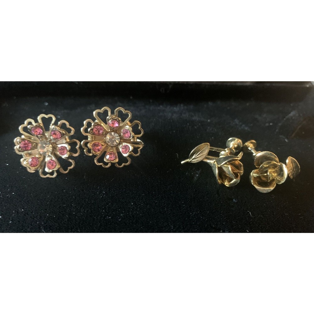 Lot 2 pair Screw Back Screwback Flower Rose gold tone earrings vintage